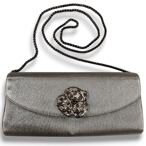 RODO Italy Satin Fabric Clutch Purse Floral Accent Chain Strap Metallic Gray - Picture 1 of 16